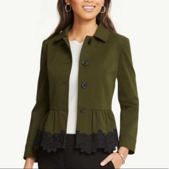 Ann Taylor Jackets & Blazers - Ann Taylor Peplum Blazer Jacket Olive Green Lace 4